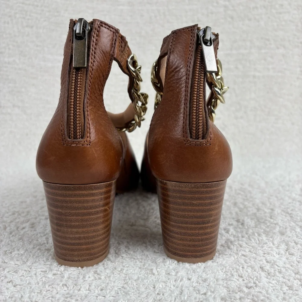 Johnston & Murphy Sandals Womens 9M Cognac Calfskin Evelyn Chain‎ Heeled Sandal
